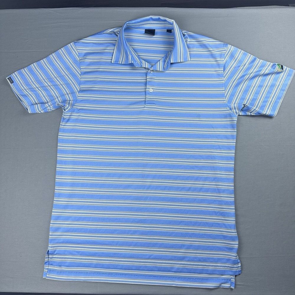 Dunning Golf Polo Mens Large Blue Striped Eagle Crest Short Sleeve Performance
